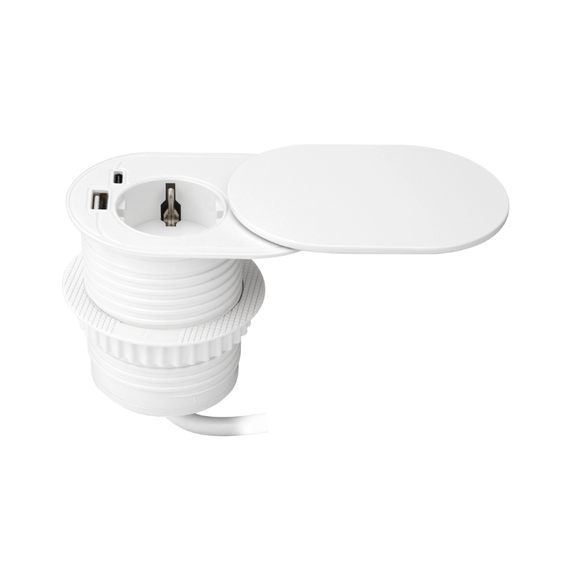 Модул за вграждане в мебел 2P+E Шуко в отвор Ø60mm и 2x USB тип A+C max 20W с кабел 1.9 m Бял - Orno OR-GM-9042(GS)/W