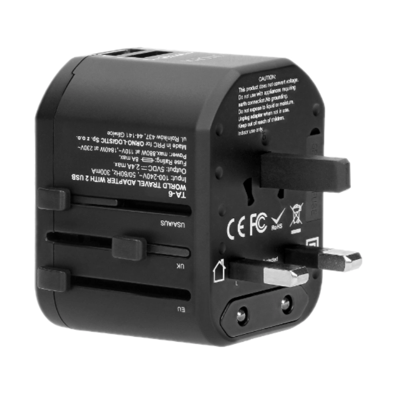 Преходен адаптер универсален USA/UK/EURO/AUS с 2x USB порт 5V 2.4A 100-240V 8A - Orno TA-6