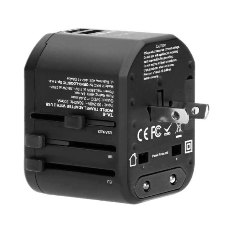 Преходен адаптер универсален USA/UK/EURO/AUS с 2x USB порт 5V 2.4A 100-240V 8A - Orno TA-6
