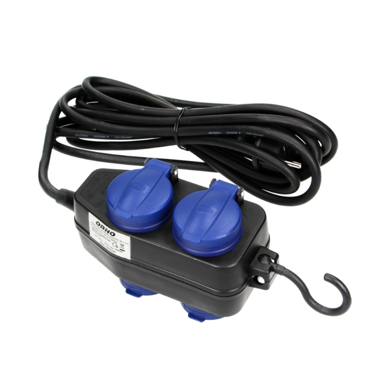 Разклонител Heavy-duty 2+2x 2P+E със защитни капаци и кука с кабел 5m IP44 Черен - Orno OR-AE-13160(GS)/5M