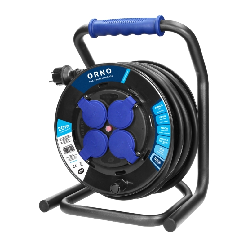 Кабелна макара 4x 2P+E Шуко 20m 3G2.5 с термозащита IP44 - ORNO OR-AE-13293(GS)/20M
