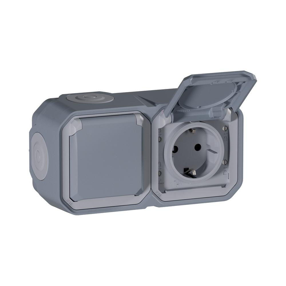 Контакт двоен Шуко 2x 2P+E 16А моноблок хоризонтален монтаж винтови клеми IP55 Сив - Legrand Plexo New 069742L