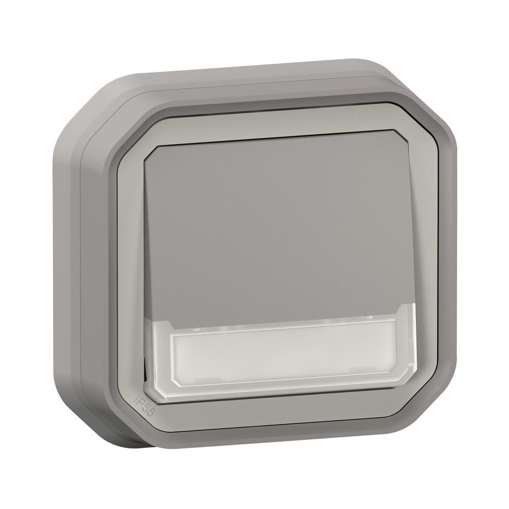 Бутон NO/NC с подсветка 12V и етикет моноблок скрит монтаж IP55 Сив - Legrand Plexo New 069824L