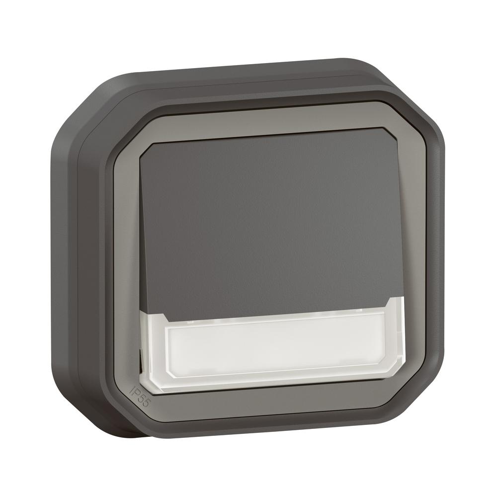 Бутон NO/NC с подсветка 12V и етикет моноблок скрит монтаж IP55 Антрацит - Legrand Plexo New 069854L