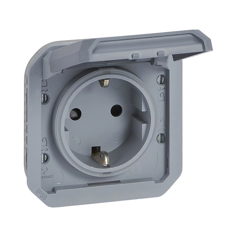Контакт Шуко 2P+E 16А механизъм с детска защита и винт. клеми IP55 Сив  - Legrand Plexo New 069571L