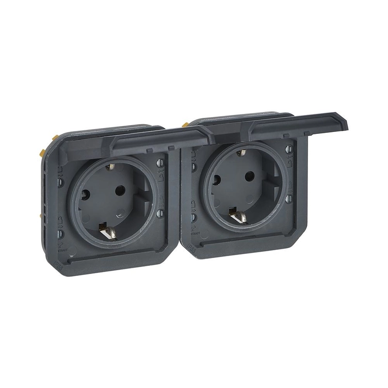 Контакт двоен Шуко 2x 2P+E 16А хоризонтален с автоматични клеми IP55 Антрацит  - Legrand Plexo New 069879L