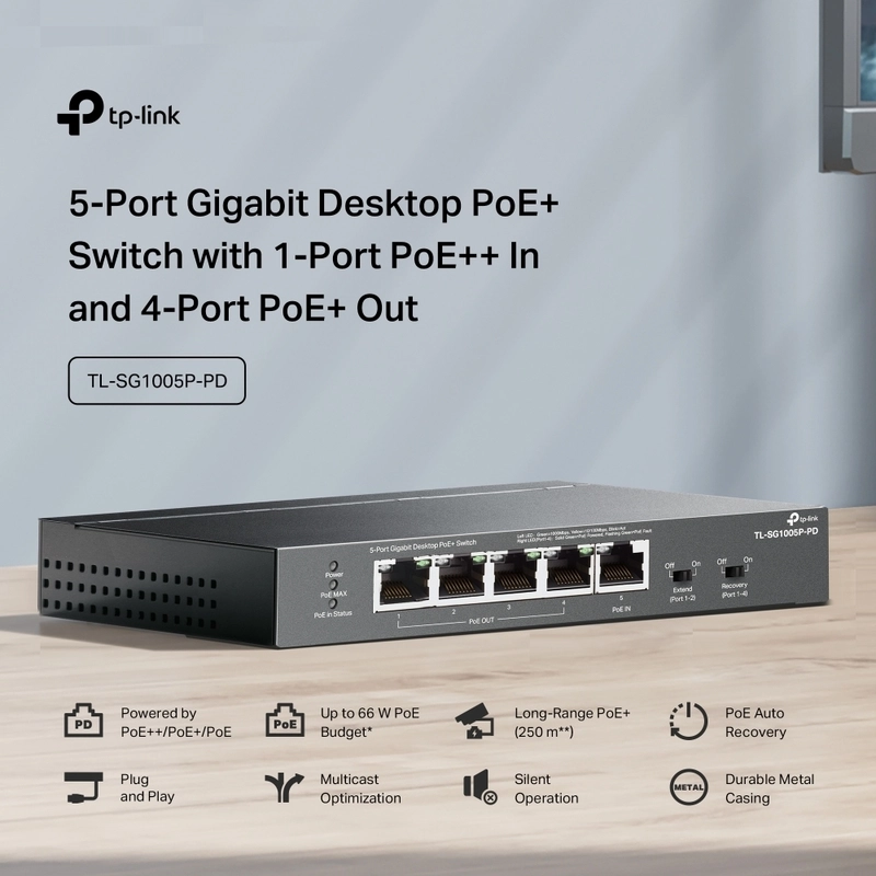 5-Port Gigabit Desktop PoE+ Switch with 1-Port PoE++ In and 4-Port PoE+Out - TP-Link Omada SG1005P-PD