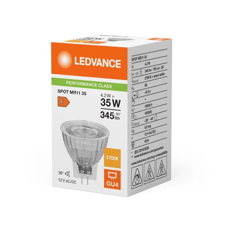 LED лампа Spot MR11 GL35 4,2W 345lm 2700K Ra>80 12V, 36°, GU4, недимуруема, стъкло - LEDVANCE LED MR11 P LED050329