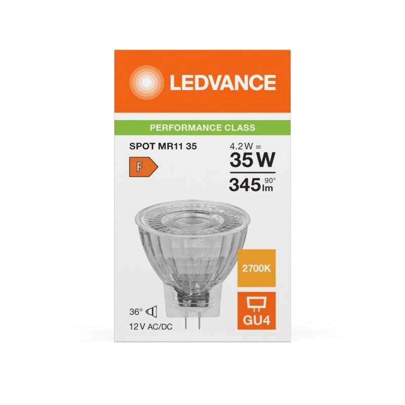 LED лампа Spot MR11 GL35 4,2W 345lm 2700K Ra>80 12V, 36°, GU4, недимуруема, стъкло - LEDVANCE LED MR11 P LED050329
