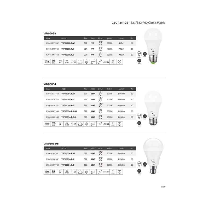 LED лампа 11W 1055lm 4000K 220V E27 Ra>80 360°, класик, PC, бял - VL LED VK/05054/E/C