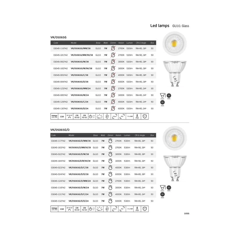 LED рефлекторна лампа 7W 530lm 3000K GU10 220V Ra>80, 110°, PC - VL LED VK/05065G/W/24