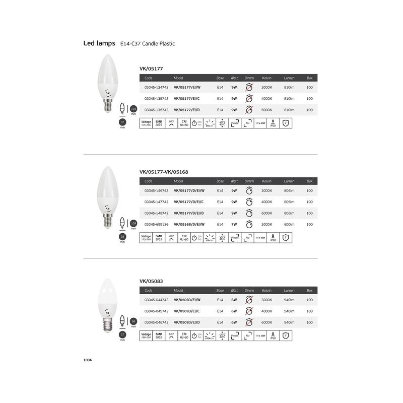 LED лампа 9W 810lm 3000K 220V E14 Ra>80 360°, овал, PC, бял - VL LED VK/05177/EI/W