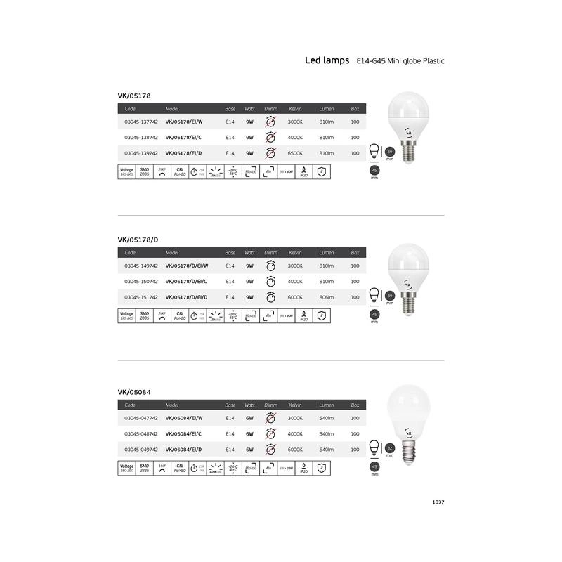 LED лампа 9W 810lm 6500K 220V E14 Ra>80 360°, овал, PC, опал - VL LED VK/05178/EI/D
