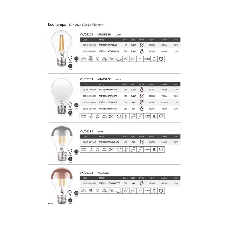 LED лампа 6,5W 806lm 2700Κ 220V E27 Ra>80 360°, Classic, Филамент, стъкло, прозрачен - VL LED VK/05103/E/CL/W