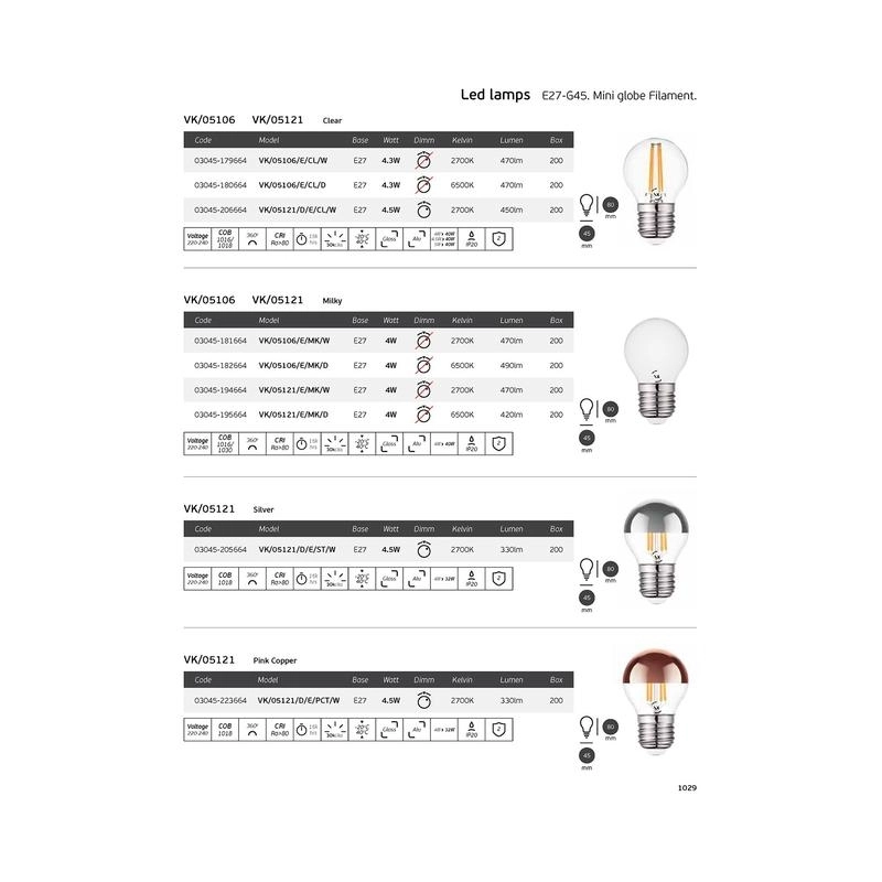 LED лампа 4W 470lm 2700Κ 220V E14 Ra>80 360°, сфера, Филамент опал - VL LED VK/05106/E/MK/W