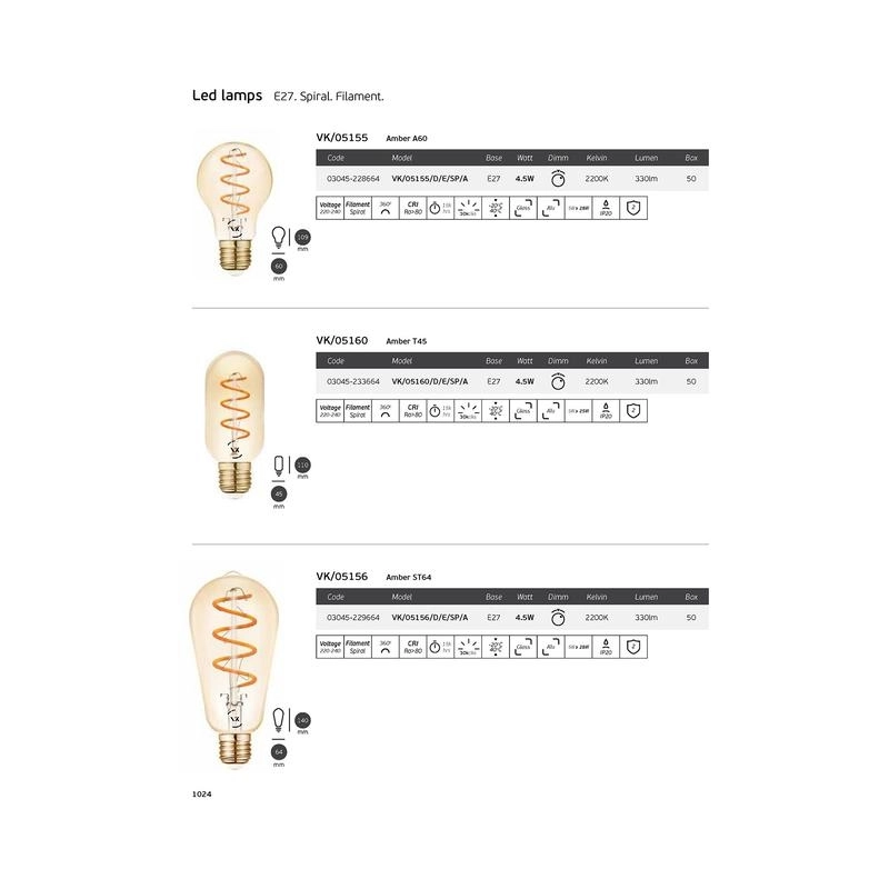 LED лампа 4,5W 330lm 2200Κ 220V E27 Ra>80 360°, спирала Филамент, amber ,димируема - VL LED VK/05160/D/E/SP/A