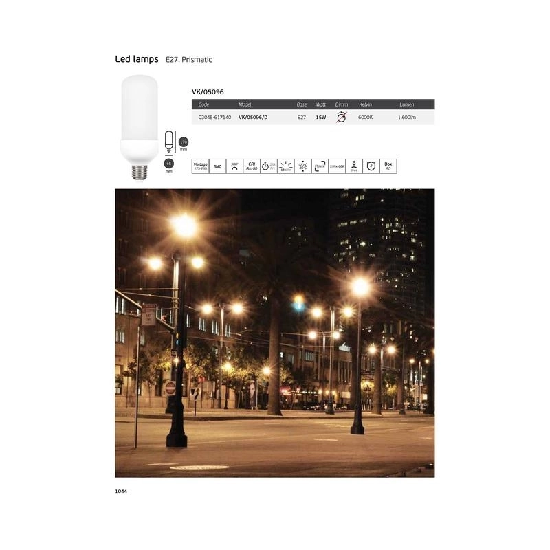 LED лампа 15W 1600lm 6000K 220V E27 Ra>80 300°, форма-призмат., IP44 - VL LED VK/05096/D
