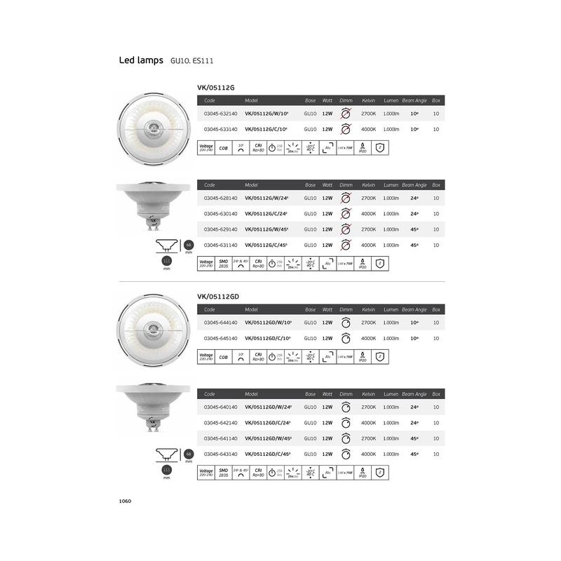 LED лампа 12W 900lm 4000K 45° ES111 GU10 Ra80 220V димируема - VL LED VK/05112GD/C/45