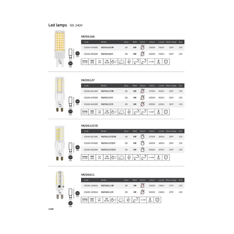 LED лампа 8W 760lm 3000K G9 220V Ra>80, 350° - VL LED VK/05165/W