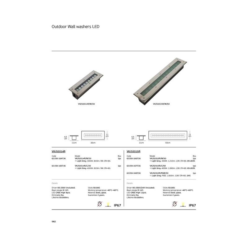Фасаден линеен декоративен осветител за вгр. Wall Washer 9W 800lm 4000K IP67, размери 30x11x6.5cm, цвят сив - VL LED VK/02014R/C/30