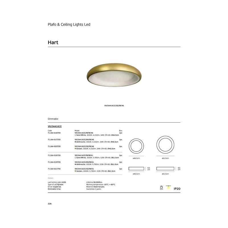Осв. тяло - ОМ на таван, 52W 5785lm 3000K Ra>80, 220V, IP20,  ø61,5cm, антрацит - VL LED VK/04416CE/AN/W/61