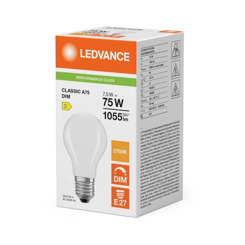 LED лампа Тип A 7,5W 1055lm 2700K 220V E27 Ra≥80 200° мат. димимируема - LEDVANCE LED CLASSIC A DIM P