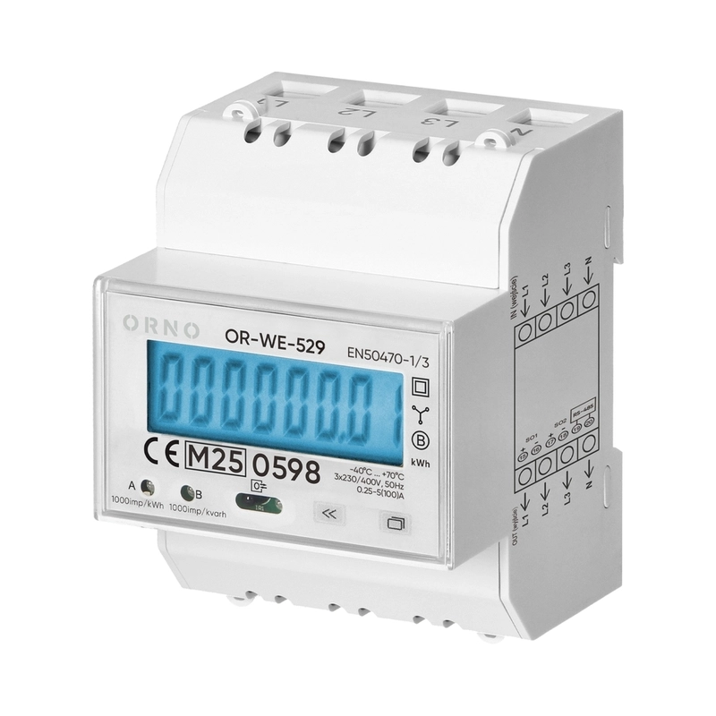 Трифазен електромер ДИРЕКТНО мерене,RS485, 1 тарифа, DIN монтаж 4.5 мод.,100A, MID, PV Ready - Orno OR-WE-529