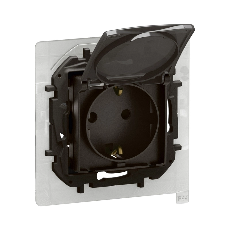 Shuko 2P+E 16A socket with cover IP44 child protection and automatic terminals Black - Legrand Niloe New NP3128BK