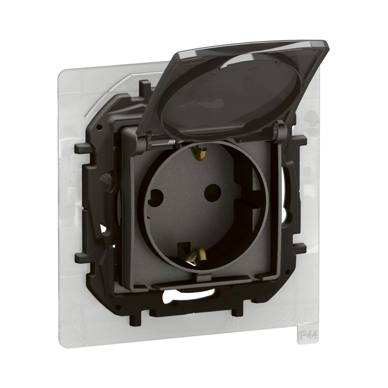 Shuko 2P+E 16A socket with cover IP44 child protection and automatic terminals Grey - Legrand Niloe New NP3128MG