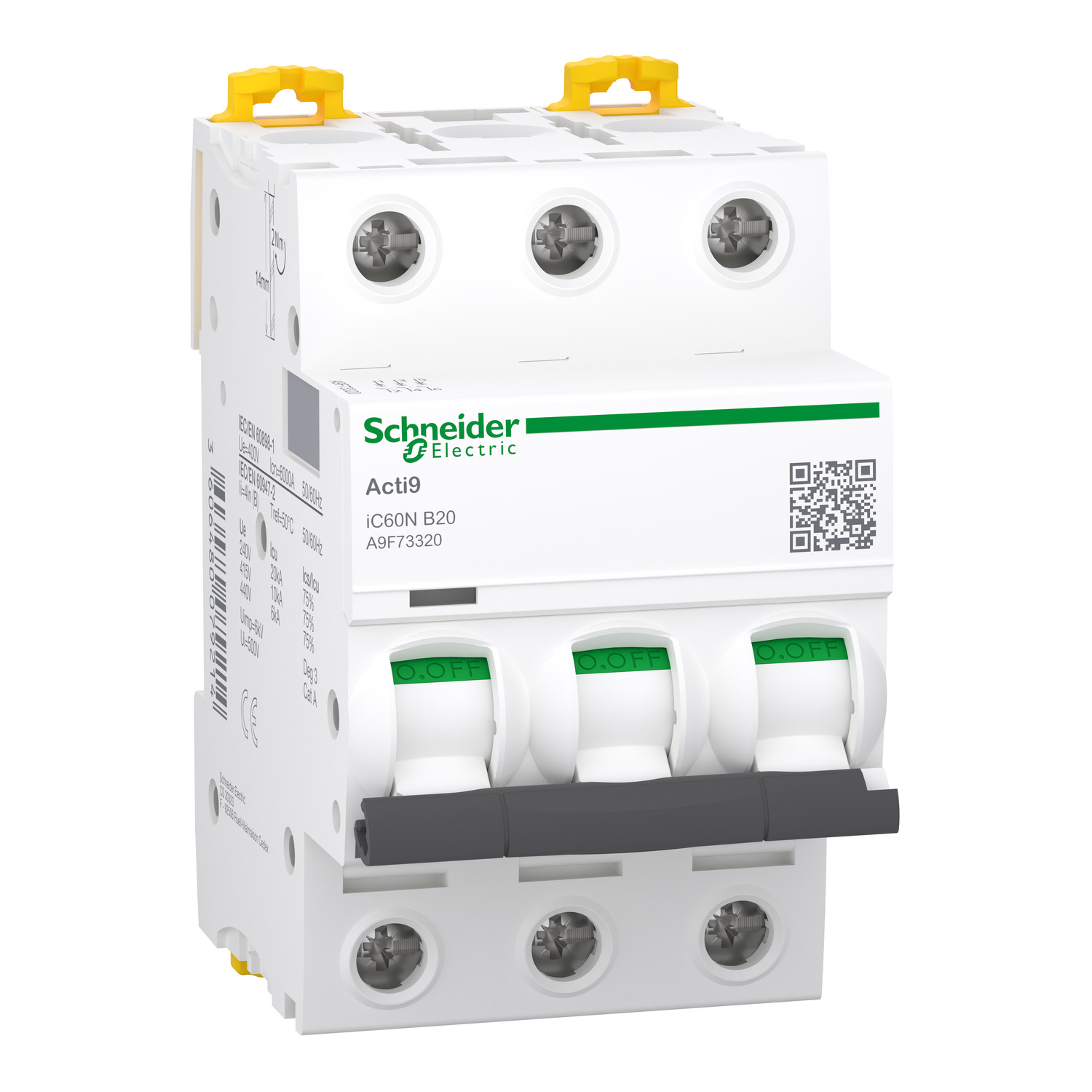 Миниатюрен автоматичен прекъсвач - 3P - 20A - крива B - SCHNEIDER ELECTRIC Acti 9 iC60 A9F73320