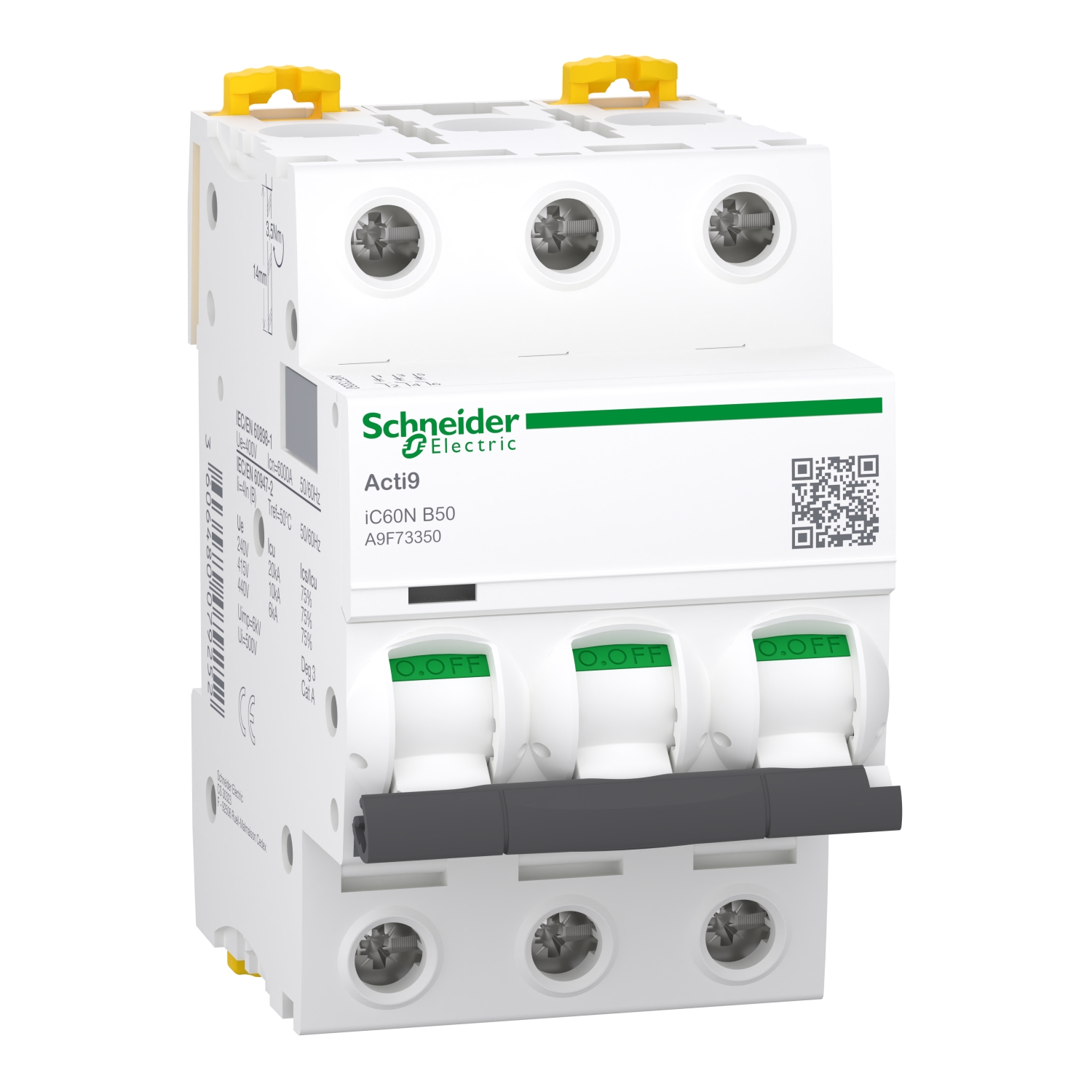 Миниатюрен автоматичен прекъсвач - 3P - 50A - крива B - SCHNEIDER ELECTRIC Acti 9 iC60 A9F73350