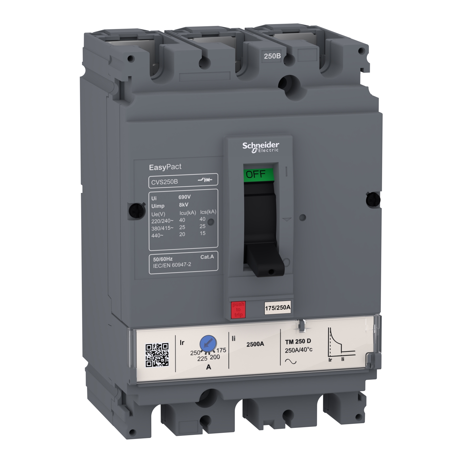 Прекъсвач EasyPact CVS250B, 25 kA, 415 VAC, 250 A номинален, термомагнитно TM-D изключващо у-во, 3P 3d - SCHNEIDER ELECTRIC EasyPact CVS LV525303