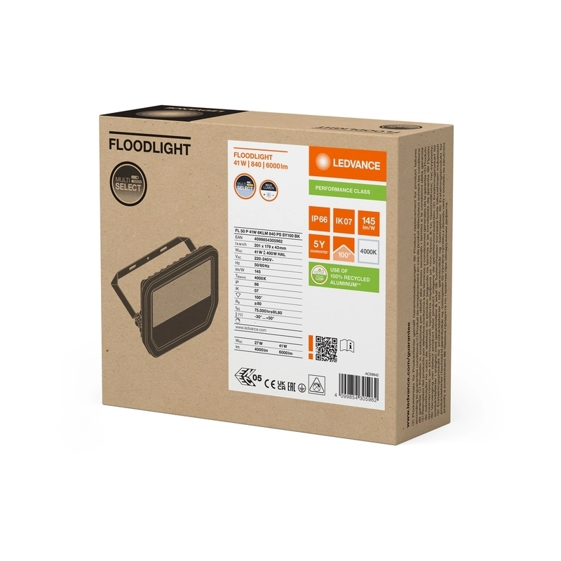 LED прожектор FL 50 P 27/41W 4000/6000lm 4000K Ra>80 100°x100° IP65, 201x179x43mm, черен - LEDVANCE FLOODLIGHT 50