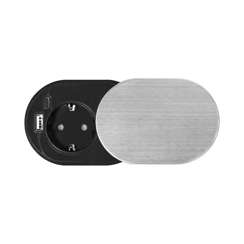 Модул за вграждане в мебел 2P+E Шуко в отвор Ø60mm и 2x USB A+C max 20W с кабел 1.9m Алуминий - ORNO OR-GM-9042(GS)/G