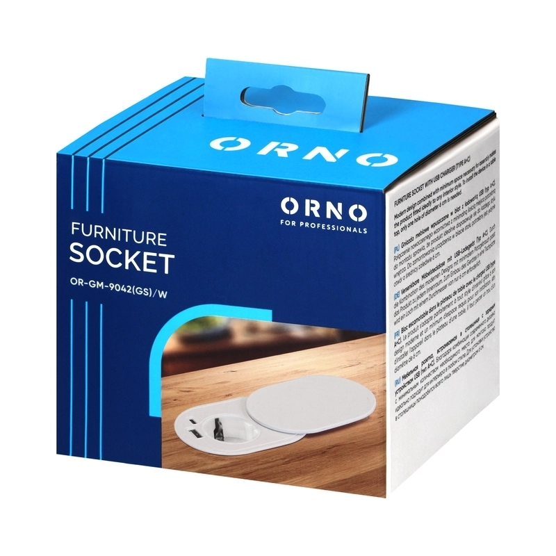 Модул за вграждане в мебел 2P+E Шуко в отвор Ø60mm и 2x USB A+C max 20W с кабел 1.9m Бял - ORNO OR-GM-9042(GS)/W