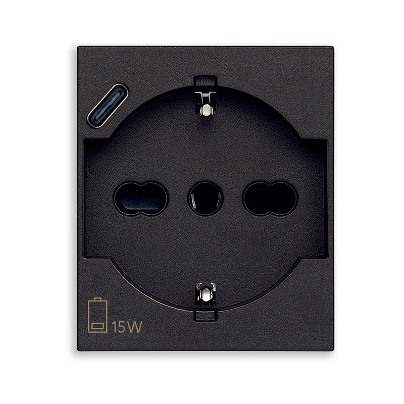 Контакт Шуко/итал. стандарт 2P+E 16A и USB тип C 15W 3A 5V 2M SICURY защита Black  - VIMAR LINEA 30210.USBG