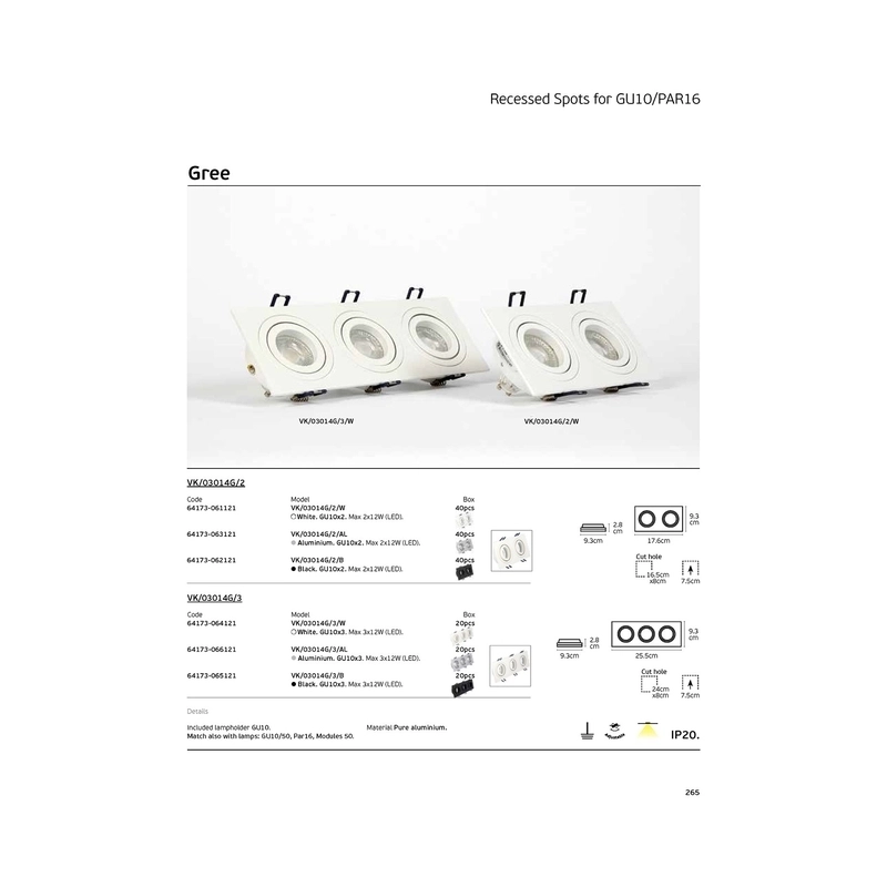 VK/03014G/2/W Квадратен насочваем спот, 2xGU10/PAR16, Max 2x12W(LED), IP20, 17.6x9.3x2.8cm, бял - VK LED Cree