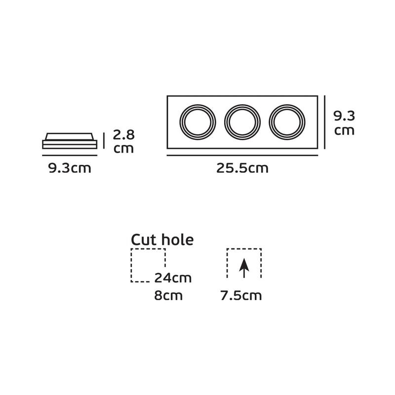 VK/03014G/3/B Square directional spot, 3xGU10/PAR16, Max 3x12W (LED), IP20, 25.5x9.3x2.8cm, black - VK LED Cree