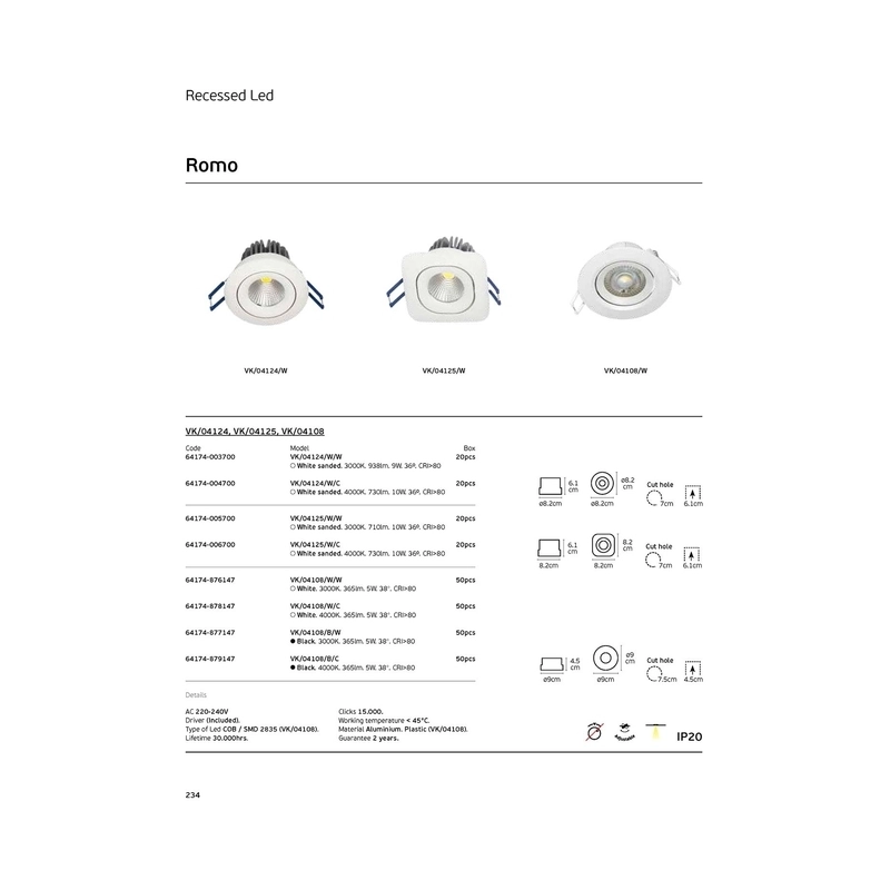 VK/04124/W/C LED спот за вграждане, 10W, 4000K, 730lm, 36°, CRI>80, IP20, ø8.2x6.1cm, бял - VK LED Romo