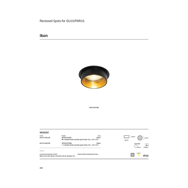 VK/03307/WG Спот за вграждане за GU10/PAR16, Max12W (LED), IP20, ø7x3.6cm, шлифовано черно отвън + златно отвътре - VK LED Ikon