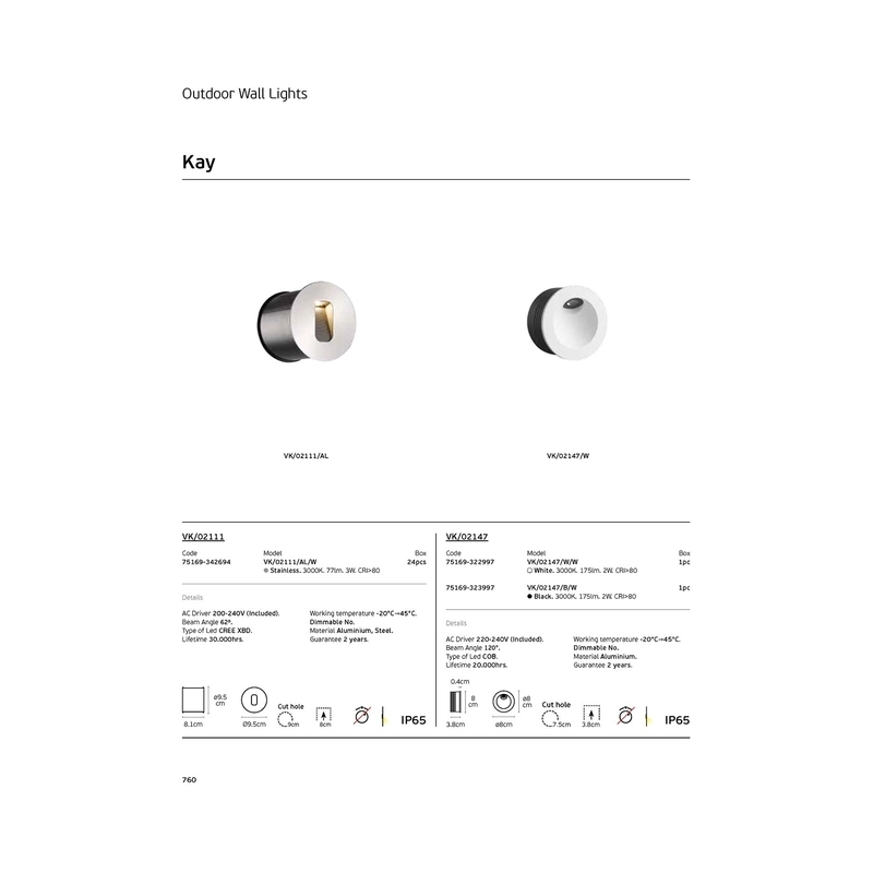 VK/02147/B/W LED осветител за стена, 220-240V, 2W, 3000K, 175lm, CRI>80, IP65, ø8x3.8cm, черен - VK LED Kay
