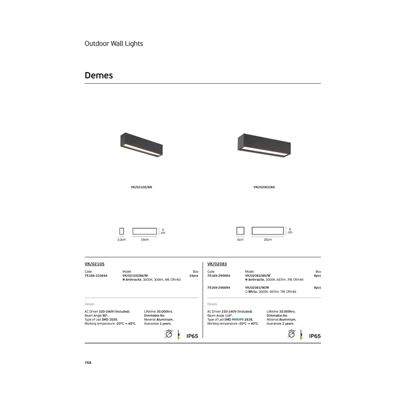 VK/02105/AN/W LED осветител за стена, 220-240V, 4W, 3000K, 300lm, CRI>83, IP65, 19x5x3.3cm, антрацит - VK LED Demes