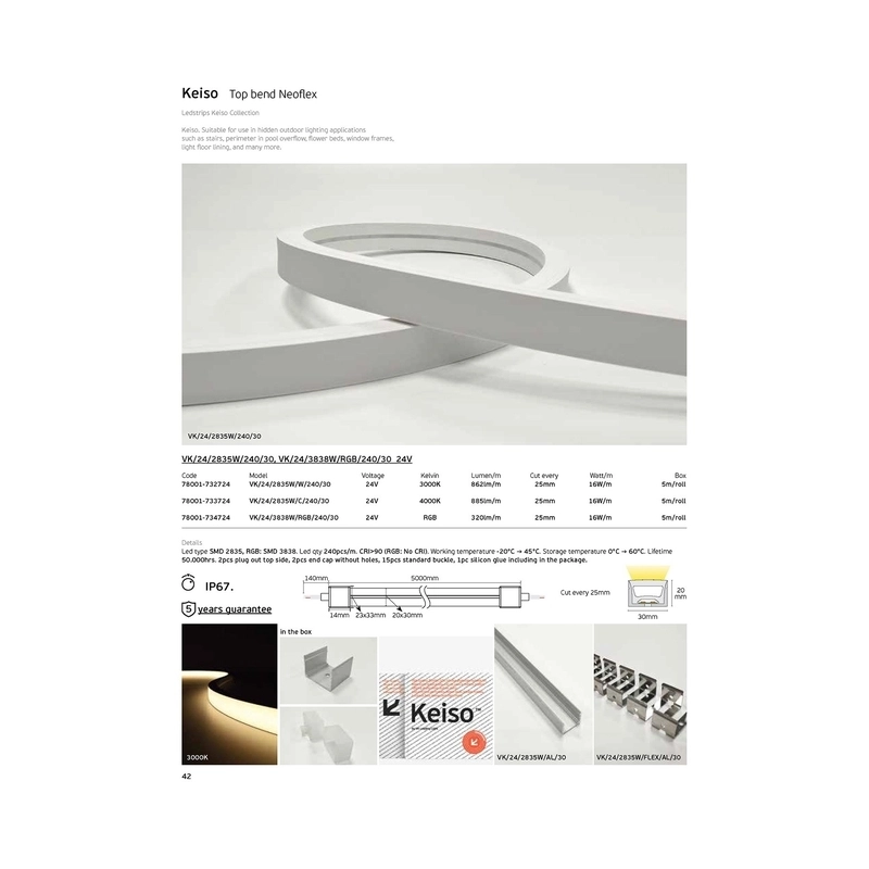 VK/24/2835W/W/240/30 LED гъвкава лента Keiso Top bend Neoflex, 24V, 16W/m, 862lm/m, 3000K, реже се на всеки 25mm, 5m/ролка CRI>90, IP67 - VK LED Top Bend 30x20