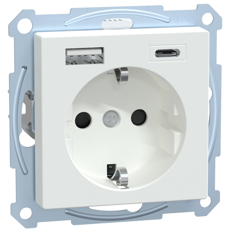 Контакт шуко 16A с 2x USB A+C 3A 15W с лицев панел Активно бяло System M - Schneider Electric Merten System M MEG2367-0325