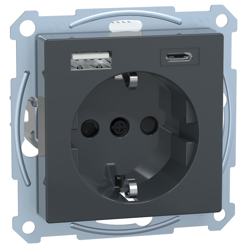 Контакт шуко 16A с 2x USB A+C 3A 15W с лицев панел Антрацит System M - Schneider Electric Merten System M MEG2367-0414