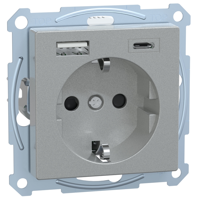 Контакт шуко 16A с 2x USB A+C 3A 15W с лицев панел Алуминий System M - Schneider Electric Merten System M MEG2367-0460