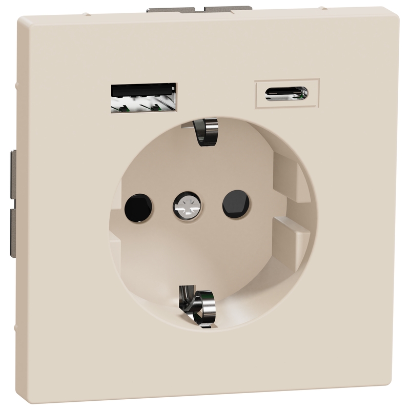 Контакт шуко 16A с 2x USB A+C 3A 15W с лицев панел цвят Сахара System Design - Schneider Electric Merten System Design MEG2367-6033
