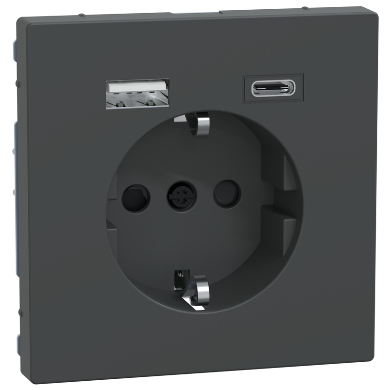 Контакт шуко 16A с 2x USB A+C 3A 15W с лицев панел цвят Антрацит System Design - Schneider Electric Merten System Design MEG2367-6034