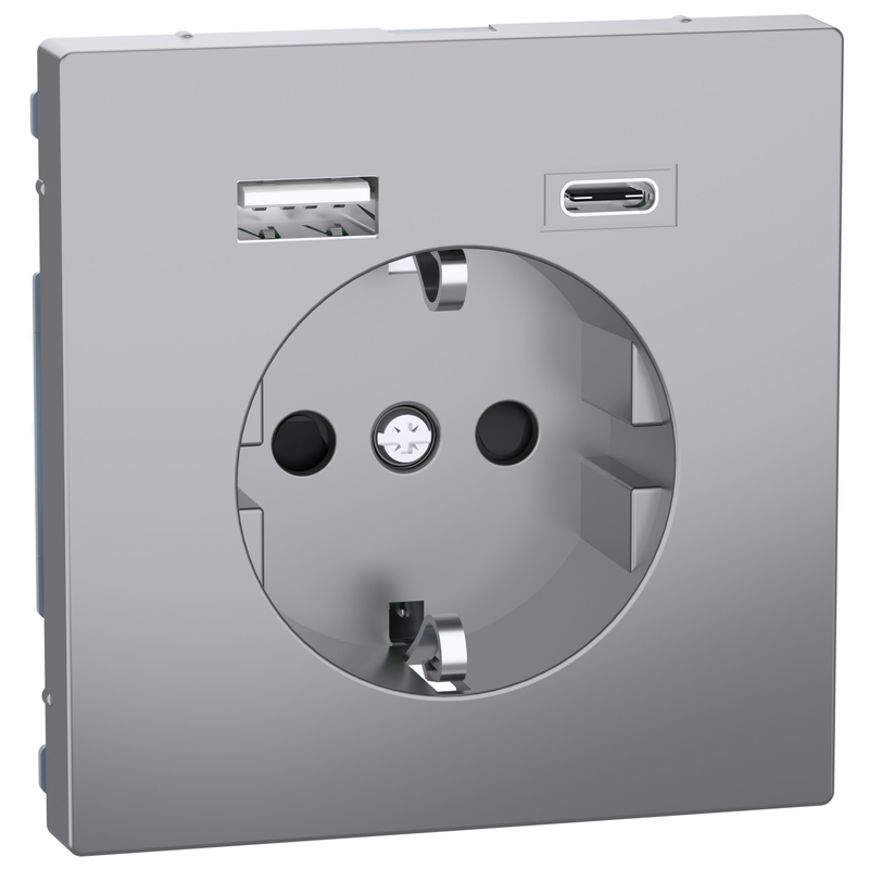 Контакт шуко 16A с 2x USB A+C 3A 15W с лицев панел цвят Неръждаема стомана System Design - Schneider Electric Merten System Design MEG2367-6036