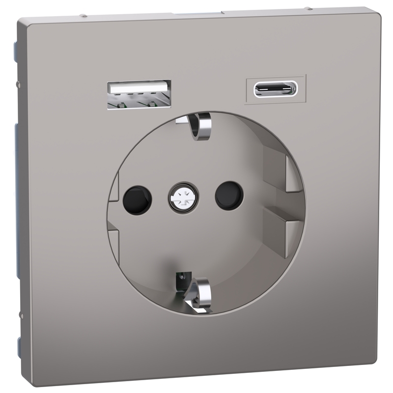 Контакт шуко 16A с 2x USB A+C 3A 15W с лицев панел цвят Никел System Design - Schneider Electric Merten System Design MEG2367-6050